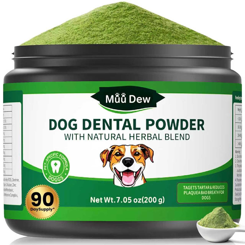 MuuDew Dog Teeth Cleaning Powder, Dog Dental Powder and Cats Breath Freshener, Bad Breath & Tartar Remover for Dogs, Natural Herbal Blend of All Breeds, 200 Grams(90-Day Supply)