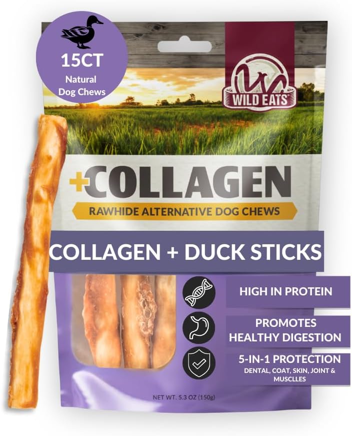 Wild Eats Real Duck Collagen Retriever Bully Sticks for Dogs, 15 Count Pack