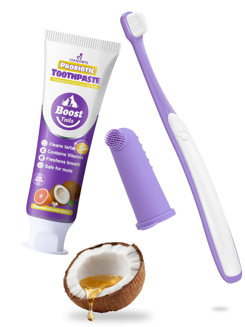 Vet Recommended Small Dog Teeth Brushing Kit - Soft Brush and Finger Brush removes 99% of Plaque, Natural Coconut Chicken-Flavored Toothpaste 2.5 oz. for Fresh Breath