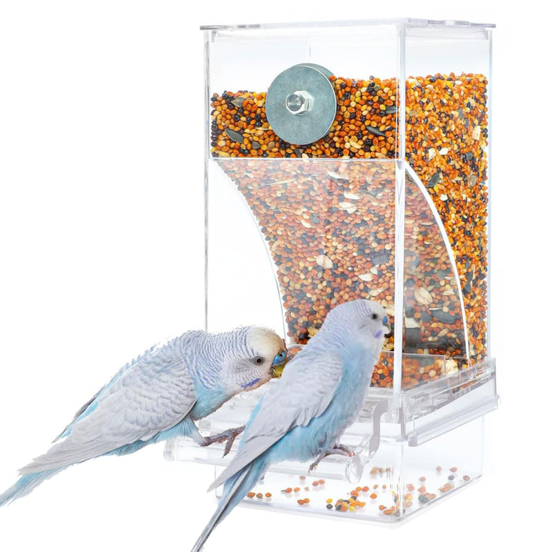 Bird Parrot Feeders, No Mess Automatic Cage Feeder Dispenser Food Container, Auto Bird Seed Bowl for Small Medium Birds, Cockatiel Canary Cockatoos Parakeet Conure Lovebird, Acrylic Clear (Feeder)