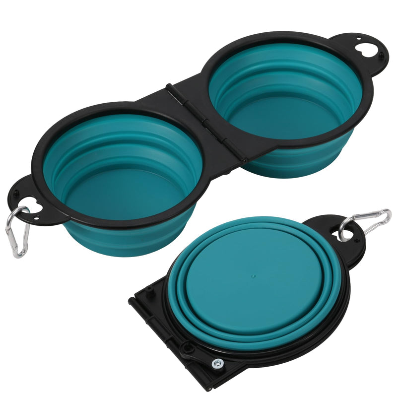 HDhqzm Collapsible Dog Dual Bowls, 2-in-1 with Locking Clip for More Stability 180 Degree Flip Portable Dog Travel Bowl for Water and Food Pet Food Drinker (Dark Green)