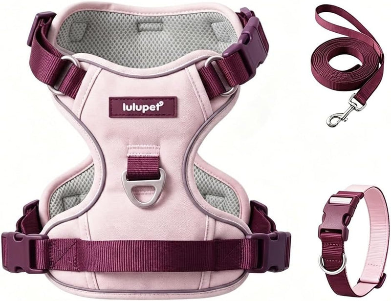 3 in 1 No Pull Dog Harness Leash and Collar Set, Soft and Cute Adjustable Dogs Vest Reflective and Comfortable Handle Pink