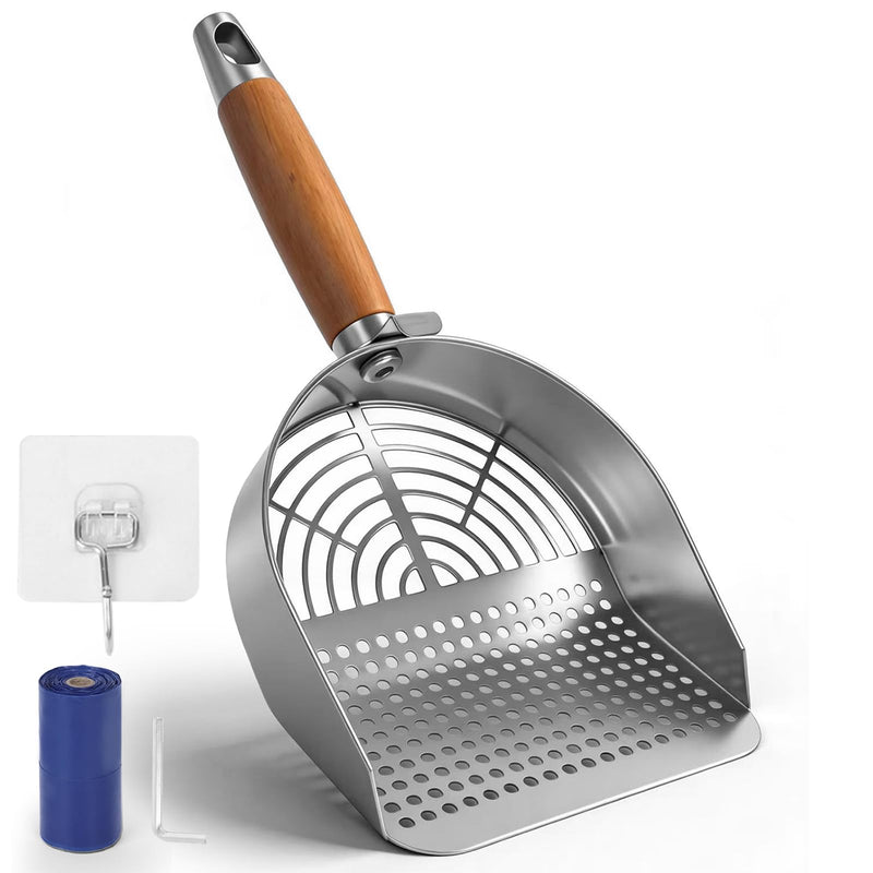 EIPTLOS Cat Litter Scoop 304 Stainless Steel Rust Proof, Sifting Litter Box Scooper with Wood Handle, Curved Design for Easy Cleaning, Dual Sifter Holes cat Litter Shovel