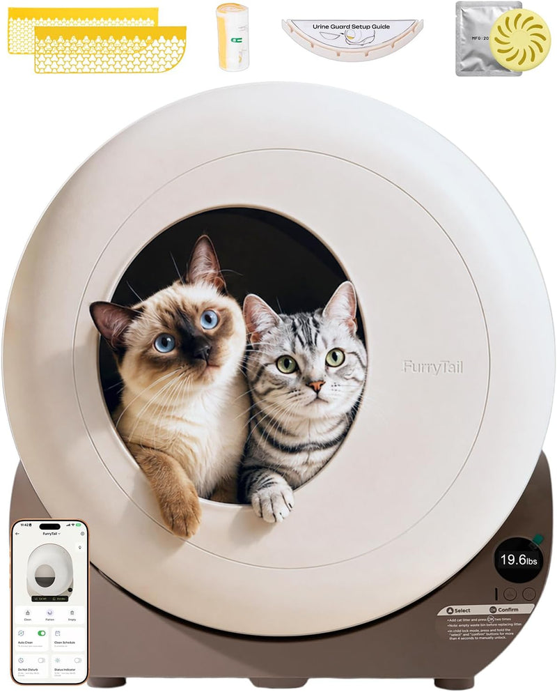 Furrytail Automatic Litter Box Self Cleaning, Odor& App Control, Gray