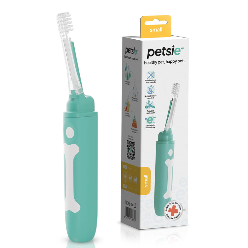 petsie Electric Dog Toothbrush Small | Silent and Vibration-Free | Vet-Developed Electrolytic Technology | No Toothpaste Needed | Built-in Timer and App | Small Brush Head for Dogs Under 22 lbs