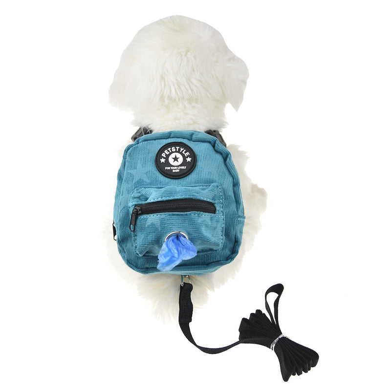 FLAdorepet Dog Backpack Harness with Leash, Dog Poop Bag Dispenser, Pet Self Carrier Adjustable Travel Hiking Walking Harness Backpack for Small Medium Dogs (M(fit:10-15lb), Blue)