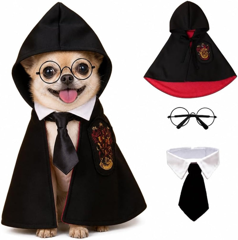 Small Dog Halloween Costumes - Adjustable Dog Cat Wizard Costume,Pet Hooded Cape Glasses Necktie Set,Puppy Kitten Hallow