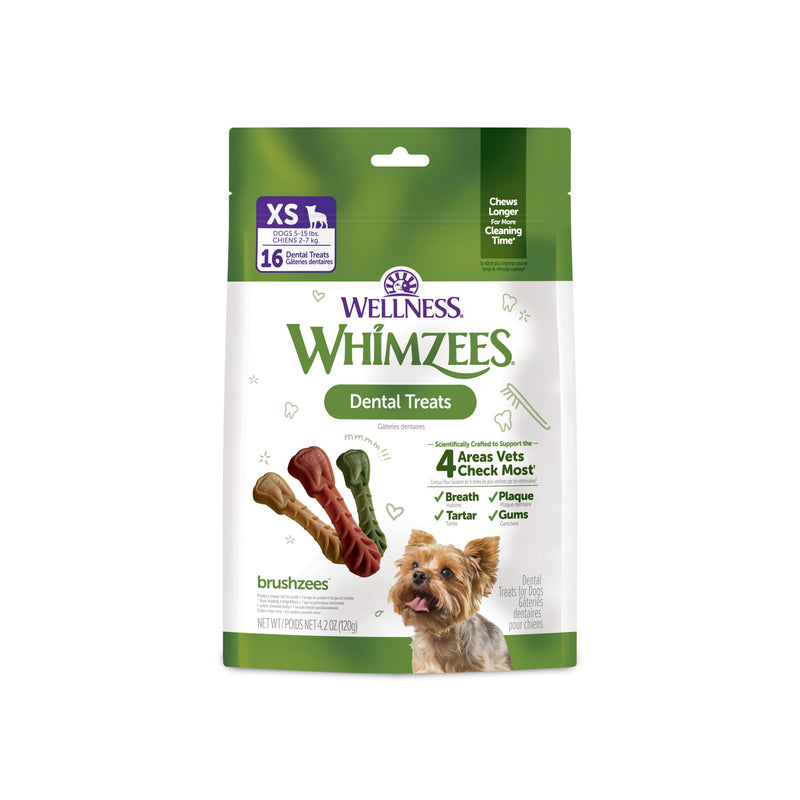 Wellness WHIMZEES Brushzees Natural Dog Dental Treat, VOHC Accepted Chews, Freshens Breath, Extra-Small Size, 4.2 oz Bag, 16 Count