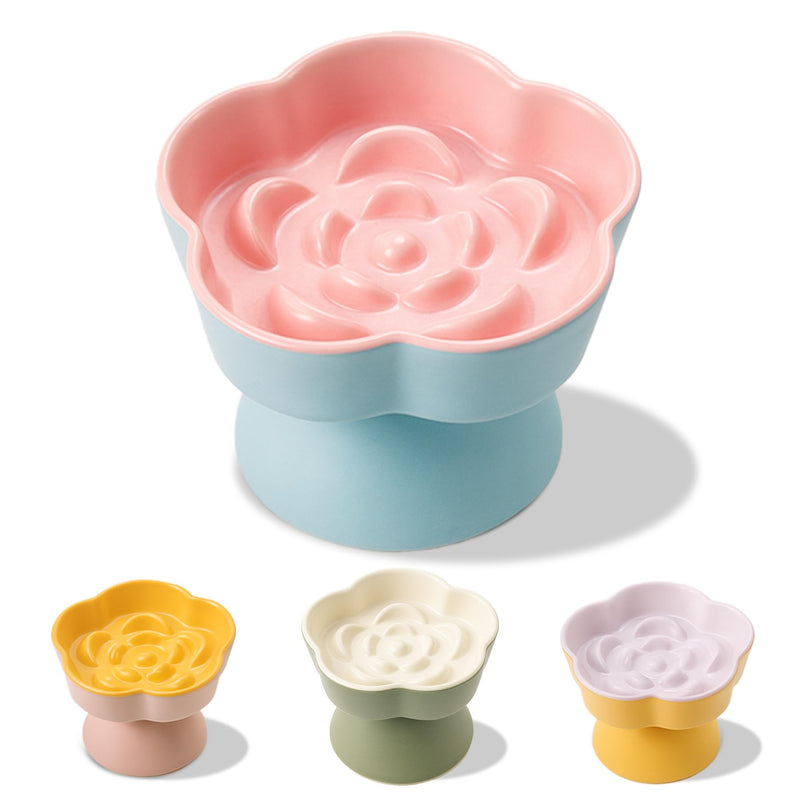 Tilted Cat Bowl, Flower-Shaped Ceramic Slow Feeder Cat Bowl, Raised Pet Bowl for Whisker Relief, Prevents Vomiting & Bloating, Non-Slip Base, Easy to Clean for Dry/Wet Food (Pink & Blue)