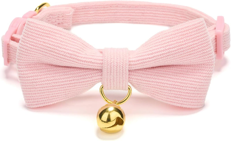 Breakaway Cat Collar with Bow Tie and Bell Adjustable Soft Corduroy Pink Kitten Collars for Girl Cats