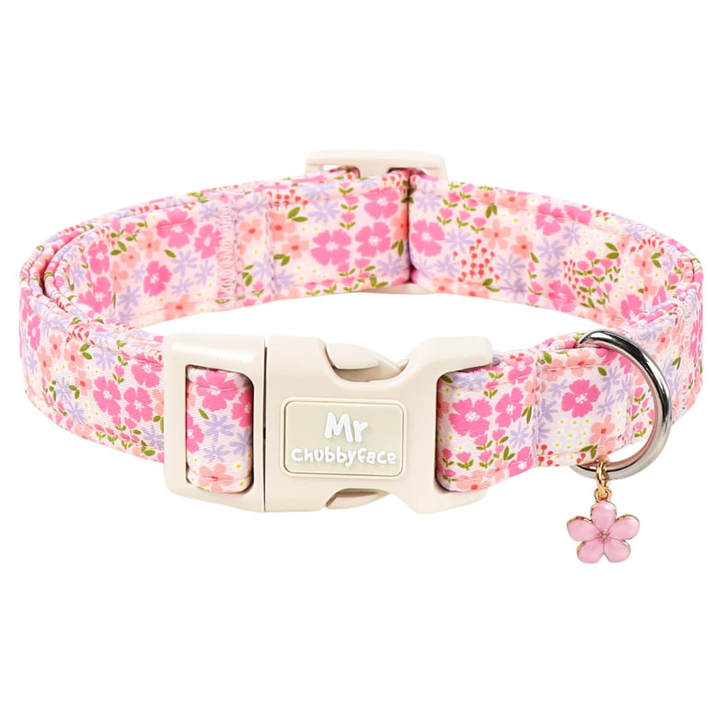 ·MR.CHUBBYFACE· Spring Summer Pink Dog Collar, Cute Pink Floral Pattern Puppy Collar, Durable Soft Fabric Pet Collar Gift for Small Medium Large Female Dog