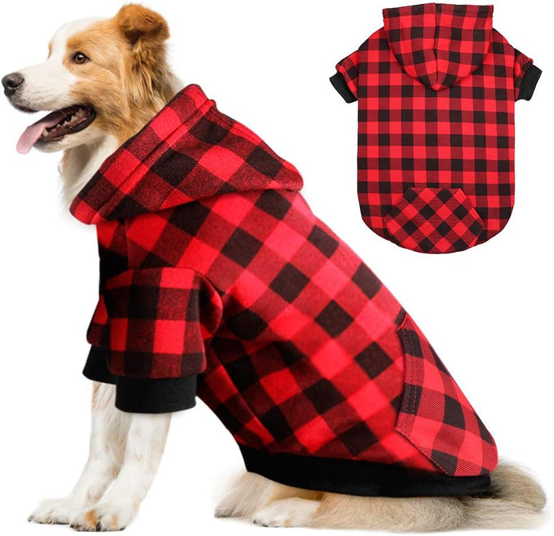 Red Plaid Dog Hoodie Sweater for Dogs Pet Clothes with Hat and Pocket(XXL)