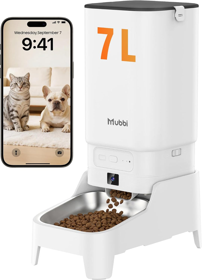 Automatic Cat Feeder with Camera - 7L/29 Cups Auto Dog Feeder with Large Food Tray & 1080P Night Vision, Elevated Bowl,