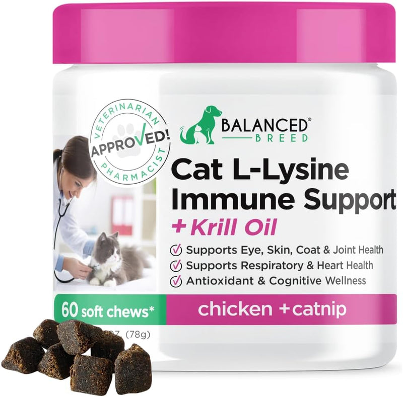 Balanced Breed L-Lysine Cats Immune Support Soft Chews Made in USA Vet-Pharmacist Approved Seasonal Allergy Relief Cat Vitamins Indoor Cats Supplements Krill Oil Asthma Relief Cat Lysine Treats NonGMO