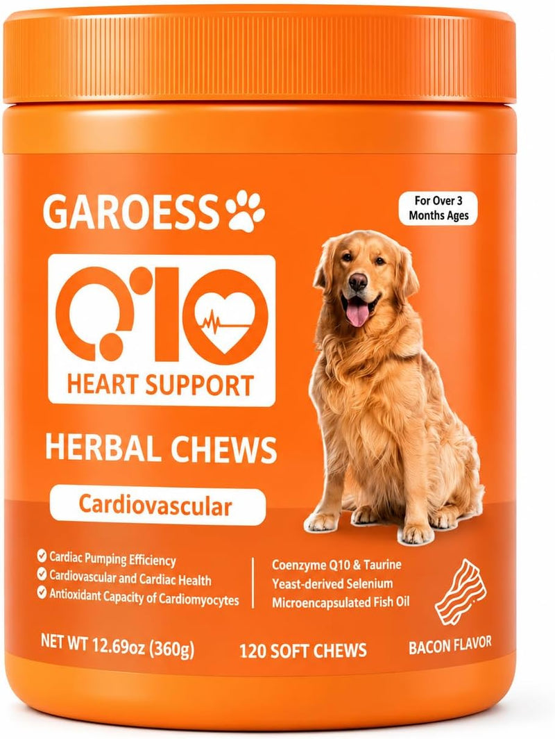 GAROESS CoQ10 Heart Chew for Dogs, Support Dogs Heart Health, Cognitive & Energy, CoQ10 Chews for Cardiovascular & Gum Health & antioxidant Protection, Bacon Flavor, 120 Count (1 Pack)