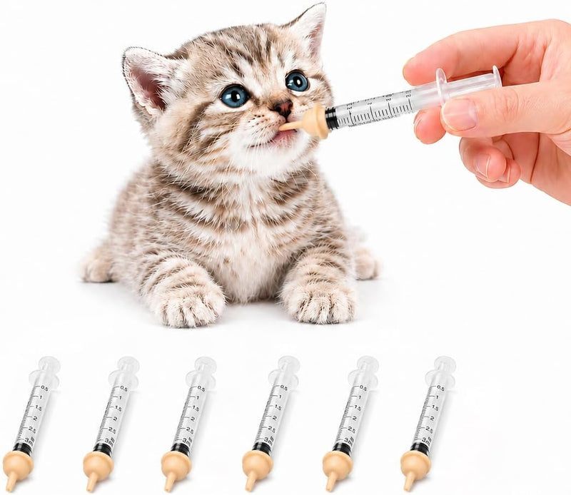 Newborn Pet Nursing Kit - 6 Pack 3ml Syringes & 6 Silicone Nipples. Anti-Choke Feeding Supplies for Kittens, Puppies, Sm