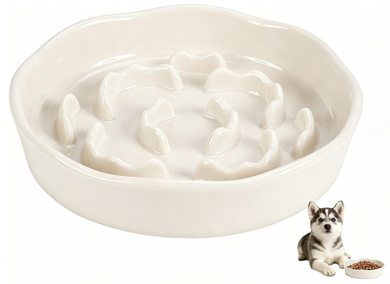Pet Feeding Bowls, Ceramic Slow Feeder Dog Bowl - Heavy Weighted Blue Bloom Food Dish for Small to Medium Dogs - Non-Slip, Microwave & Dishwasher Safe Pottery Maze to Fast Eating (Milky White)