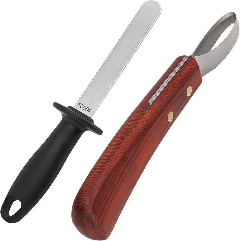 2 Pcs Professional Hoof Trimming Kit, Hoof Knife with Sharpener, Dual Grit Diamond Sharpening Rod, Ergonomic Handle for