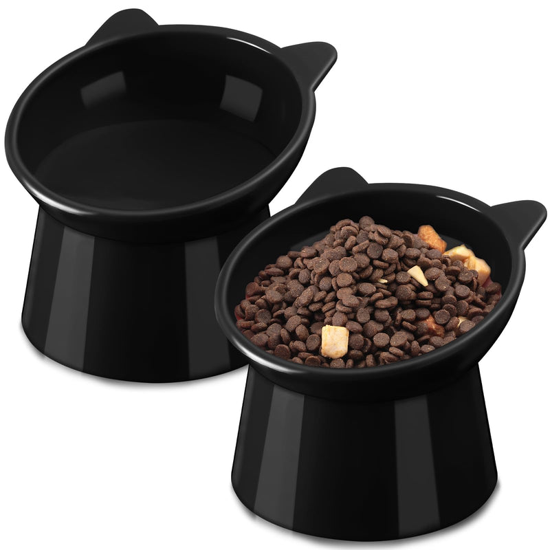 Zhehao 2 Pcs Elevated Cat Bowl Set, Tilted 15° Plastic Raised Food and Water Bowls Anti Vomit Pet Feeding Dishes for Indoor Cats/Small Dogs(Cat Ears,Black)