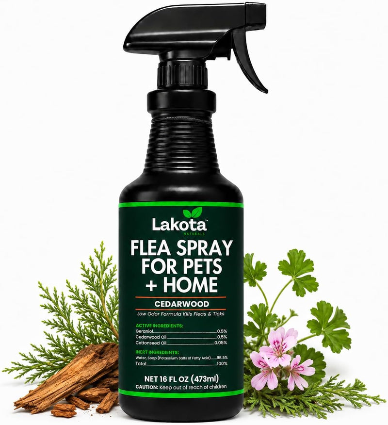 Lakota Naturals Flea & Tick Spray for Pets Plus Home Made with Natural Essential & Plant Oils. Indoor Pest Control Low O