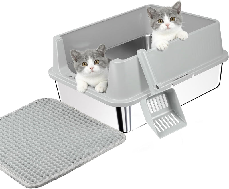 TENTIZON Stainless Steel Cat Litter Box for Kittens and Medium Cats, Open Top Metal Kitty Small Litter Box with High Sid