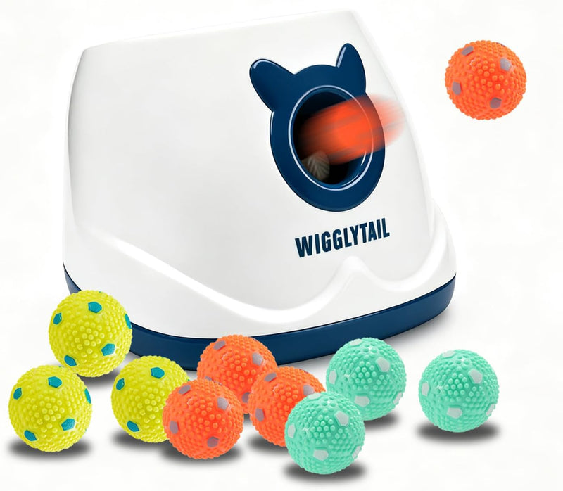 WIGGLYTAIL Automatic Ball Launcher for Dogs, Dog Fetch Ball Thrower Launcher, 4 Adjustable Distances, Interactive Pet Self Playing for Small Dogs and Puppies with 9 Balls (2 inches)