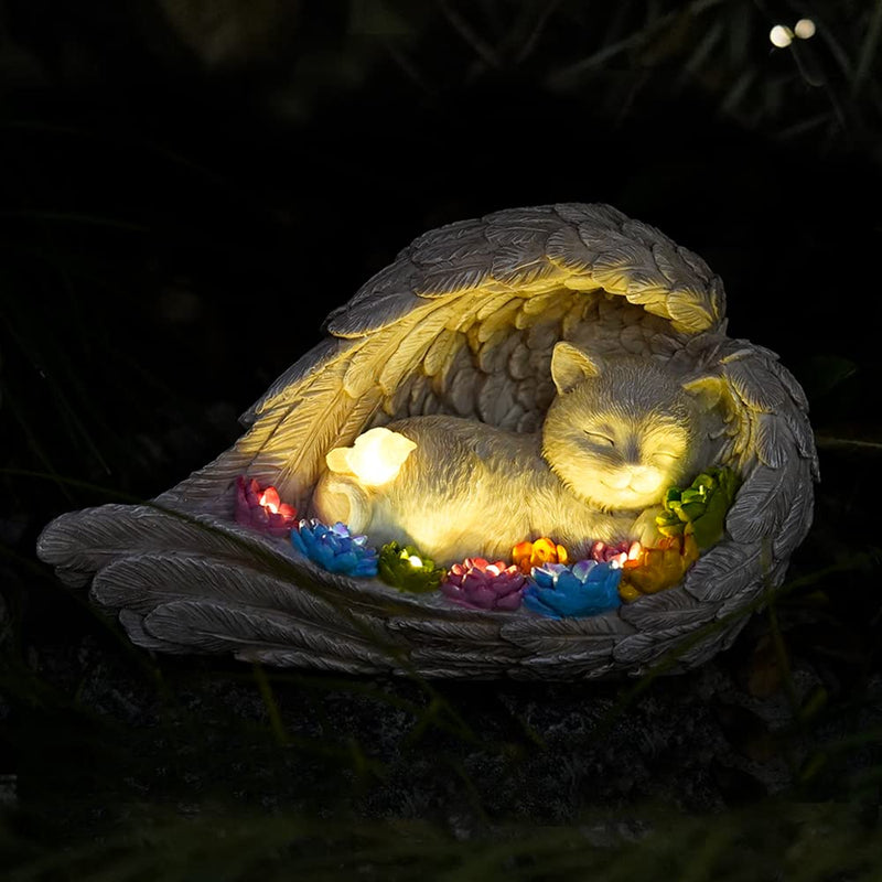 VKEVOC Cat Memorial Stone,Solar Angel Cat Statue Figurine - Pet Memorial Stone for Garden or Tombstone Commemoration (cat)