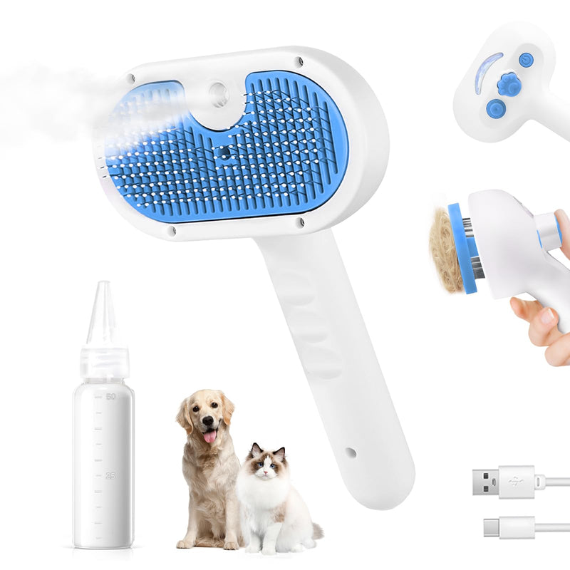 Pet Steam Brush for Dog & Cat - 3-in-1 Steam Grooming Brush for Shedding & Hair Removal - Self Cleaning Spray Comb with Mist for Long Haired Pets, Blue(waterless shampoo not include)