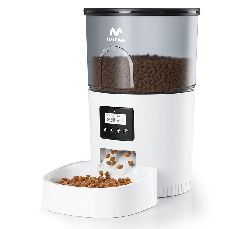 IMIPAW Automatic Cat Feeders, Timed Cat Dry Food Dispenser with Desiccant Bag, Dual Power Supply, Programmable Portion Size, 6 Meals, 20 Portions Per Day, Auto Pet Feeder for Cats and Small Dog, White