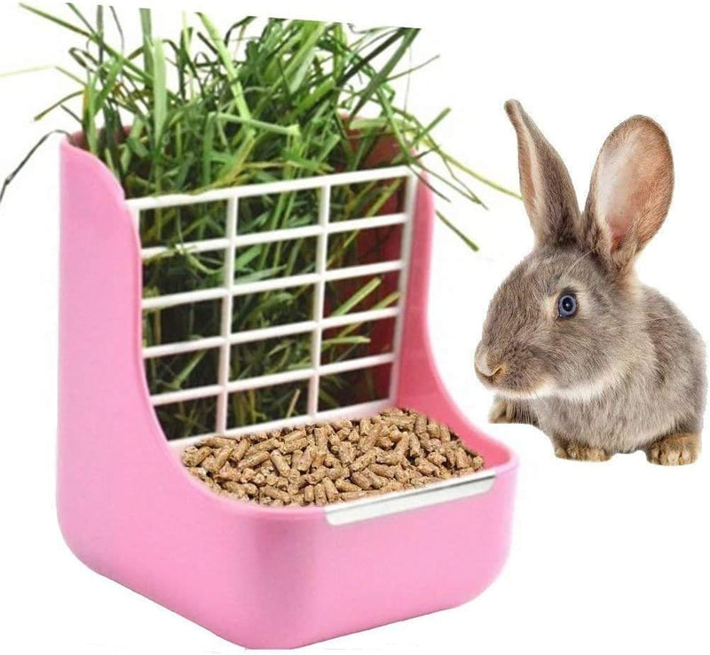 Rabbit Feeder, Hay Food Bin Feeder, Pink (Plastic), Adjustable, Removable Grass Rack, Stainless Steel Edge, for Rabbit,