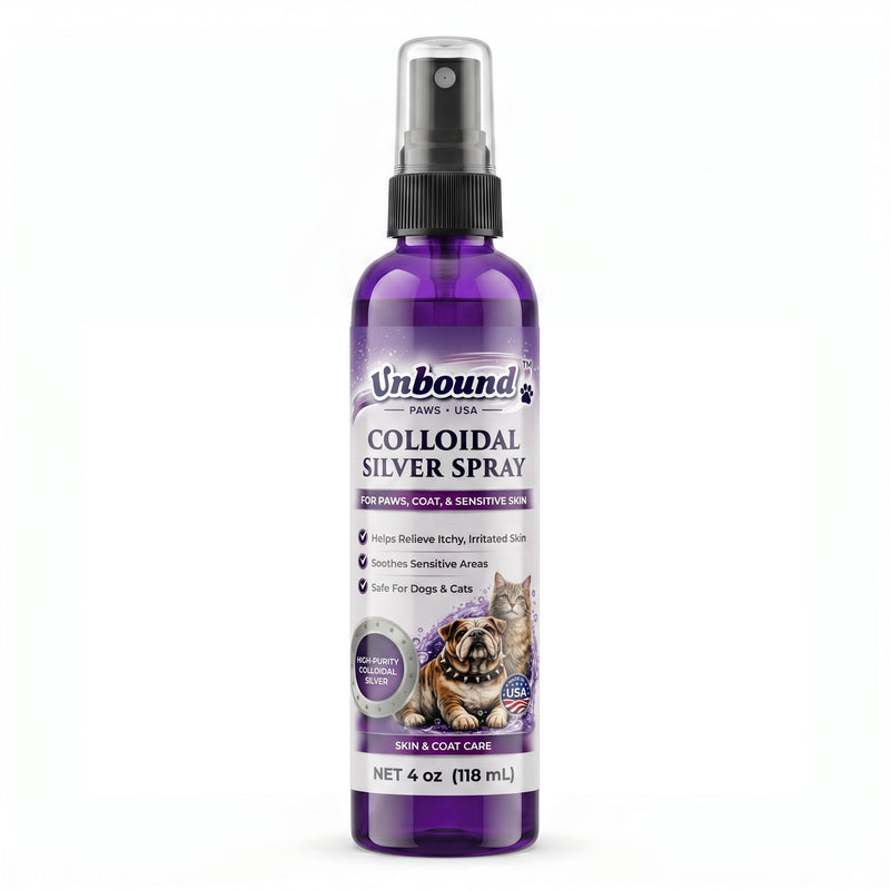 Unbound Paws USA Colloidal Silver Spray for Dogs & Cats – Gentle Skin & Coat Support – Soothes Irritated Skin, Rashes & Scratches – Natural Pet Care – 4 Oz