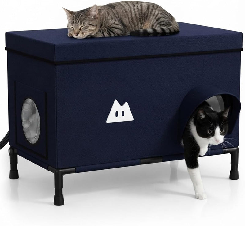 Heated Outdoor Cat House for Outside (Dark Blue,28