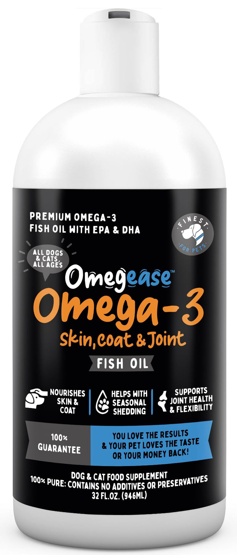 100% Pure Fish Oil for Dogs & Cats (1,545mg Omega 3 per Teaspoon) 32oz. Loaded with EPA & DHA for Joints, Skin & Coat, Itching, Heart & Immune Health. Stronger Than Salmon Oil. Unflavored Omegease.