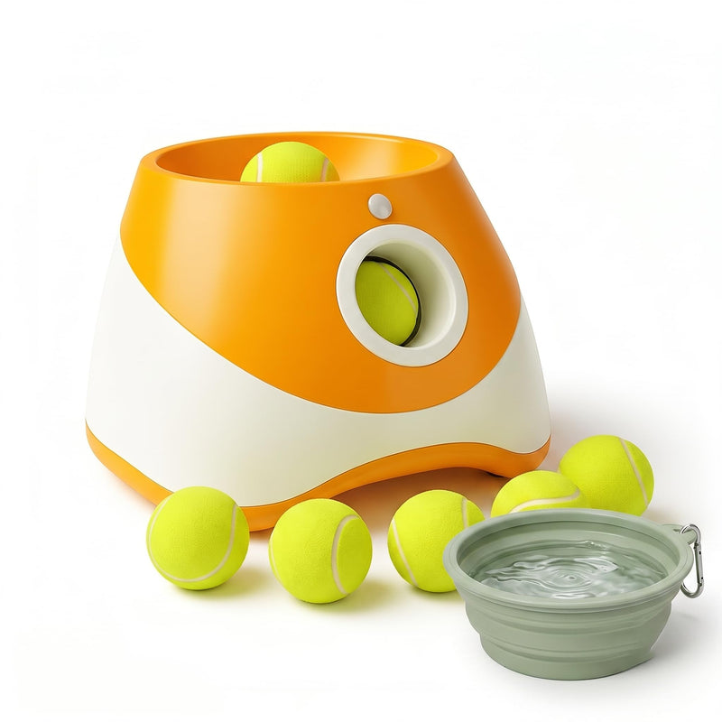 TOSCARA Dog Ball Thrower – Automatic Interactive Pet Tennis Ball Launcher with 6 Balls, USB Charging & Multiple Distance Settings Indoor & Outdoor Training & Play Toy for Small & Medium Dogs (Yellow)