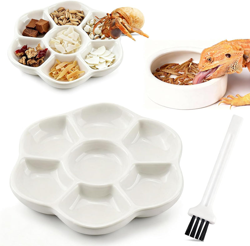 Eiito Reptile Food Bowl,Hermit Crab Lizard Gecko Ceramic Food Dish, 7 Compartments Anti-Turning Bearded Dragon Food & Wa