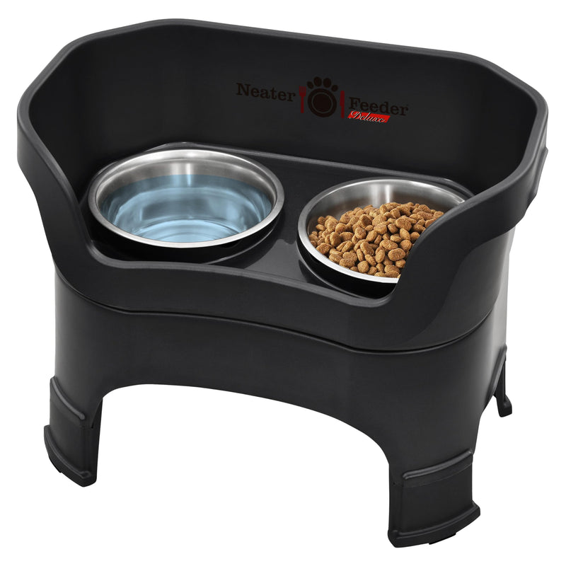 Neater Feeder Deluxe Mess-Proof Elevated Dog Bowls for Large Dogs (40+ lbs), 2 Height Adjustable (14.5” & 17.5”) No-Spill Raised Dog Bowl Stand, Stainless Steel Food Bowl Set, Made in USA, Black