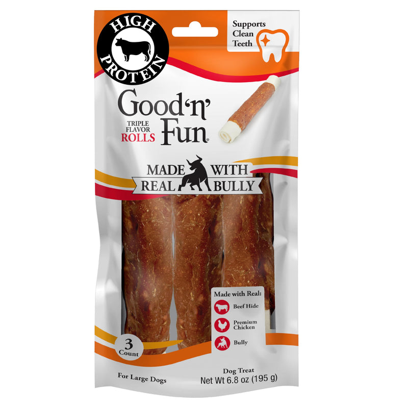 GOOD 'N' FUN Triple Flavor Rolls with Bully Chews, High-Protein Dog Treat for Large Adult Dogs, Made with Real Beef Hide, Chicken, Bully & Beef Liver Flavor, 3 Count
