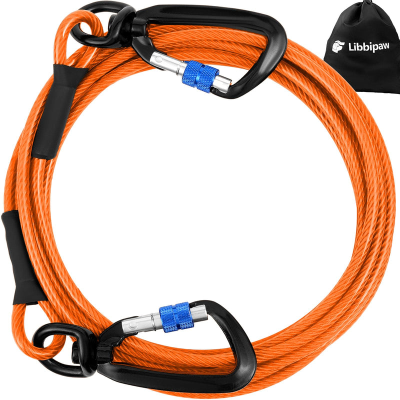 Libbipaw Dog Tie Out Cable 10FT Heavy Duty Chew Proof, Tangle-Free Runner with 360° Swivels & Locking Clip for Large Dogs Up to 250LBS - Rust Proof Leash for Yard, Camping, Outside (Orange 10FT)