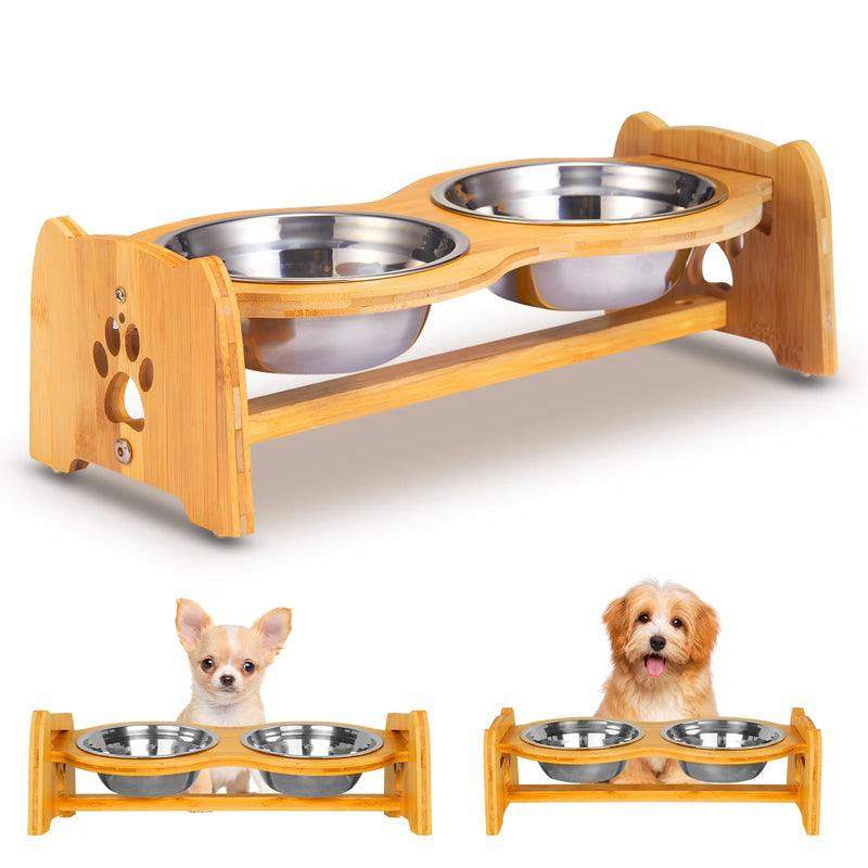 X-ZONE PET Elevated Dog Bowls for Cats and Dogs, Adjustable Bamboo Raised Dog Bowls for Small Dog, Food and Water Set Stand Feeder with 2 Stainless Steel Bowls and Anti Slip Feet (Height 4