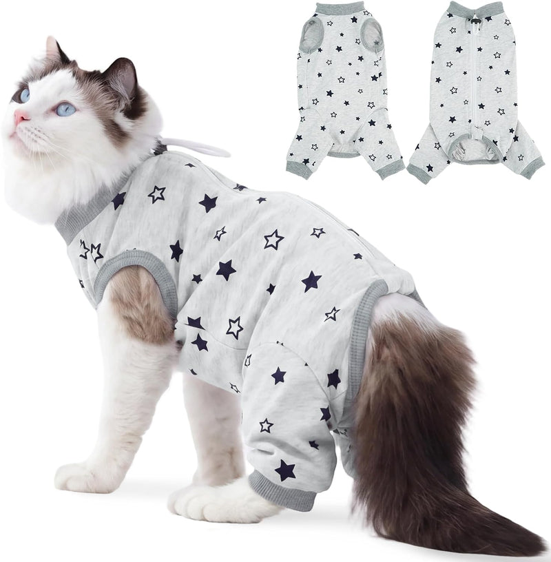Cat Recovery Suit with Hind Legs,Cat Onesie After Surgery,Grey Star L