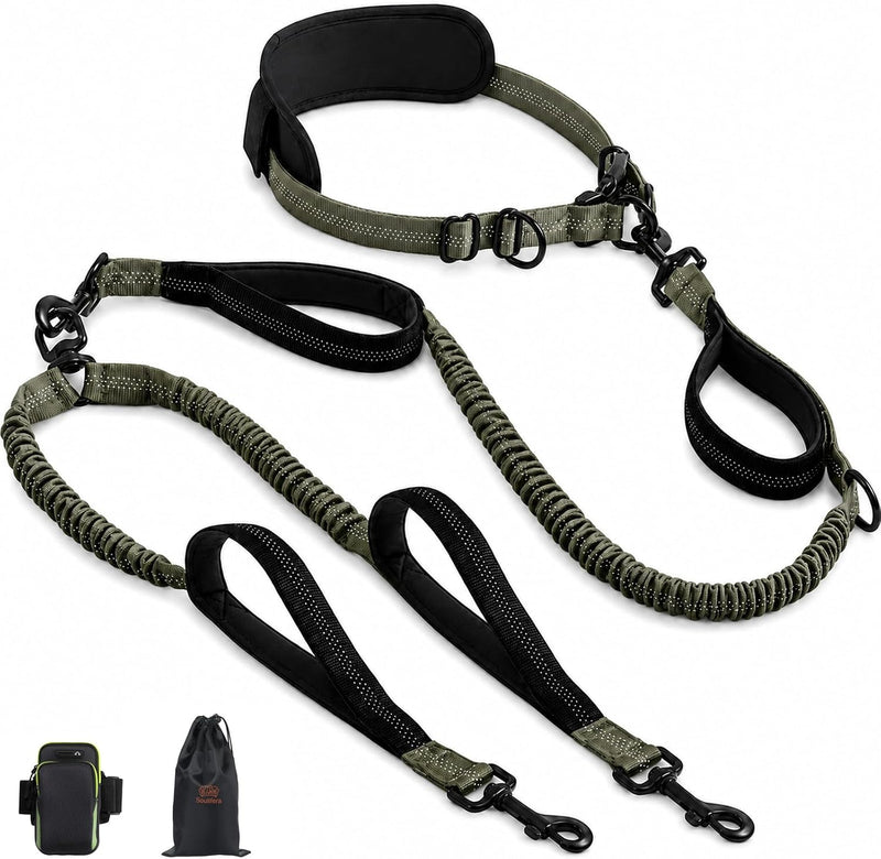 Hands Free Double Dog Leash, 4 Reflective Padded Handles, Adjustable Waist Belt 27-51