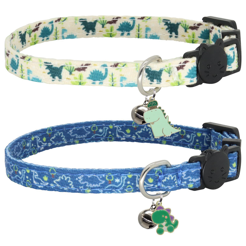 Cat Collar Breakaway, 2 Pack Cotton Kitten Collars with Bells and Removable Charms, Cute Dinosaurs Shaped for Indoor Boy, Girl and Adult Cats