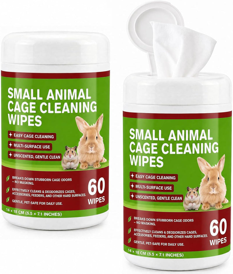 Small Animal Cage Cleaning Wipes, Unscented, 2 Pack 120 Wipes