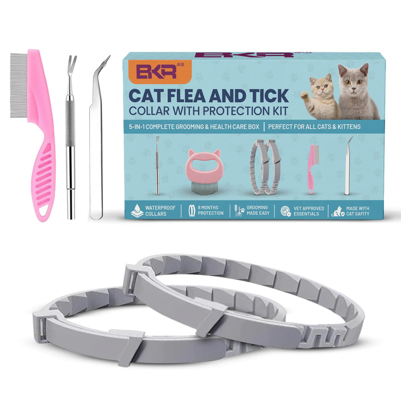 BKRMART Cat Flea and Tick Collar 8-Month Protection Natural Flea Collar for Cats & Kittens with Flea Comb, Shell Comb, Tick Tweezers & Tick Removal Tool | 5-in-1 Cat Flea Collar & Protection Kit Set