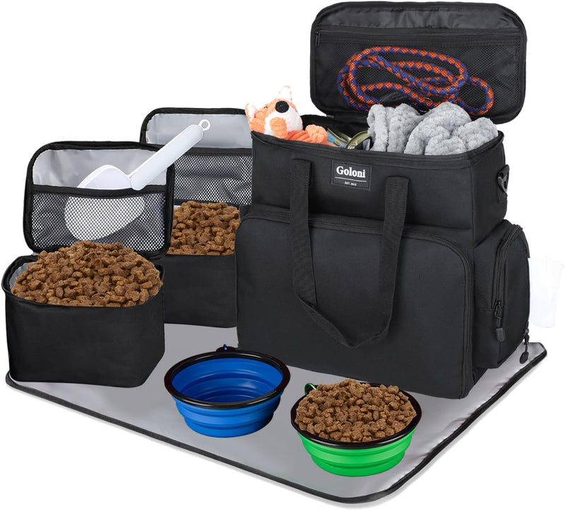 Dog Travel Bag Airline Approved–Pet Travel Tote with Collapsible Bowls,Food Containers & Feeding Mat–Multi-Pocket Organi