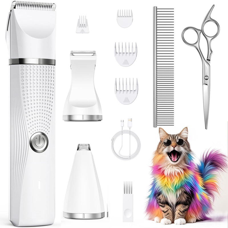 Bautrium Cat Grooming Clippers Kit with Paw Trimmer, 3 in 1 Electric Pet Hair Trimmer Supplies for Thick Matted Hair, Heavy Coat Butt Shaver Cat Razor Fur Trimmer for Dogs at Home (White)