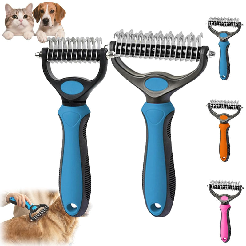 Pet Pro Grooming Tool, 2-in-1 Deshedding Dog Brush with 9/17 Teeth Undercoat Rake for Dogs & Cats, Dual-Sided Stainless Steel Pet Comb for Long Hair & Thick Coats (Blue-S+L)