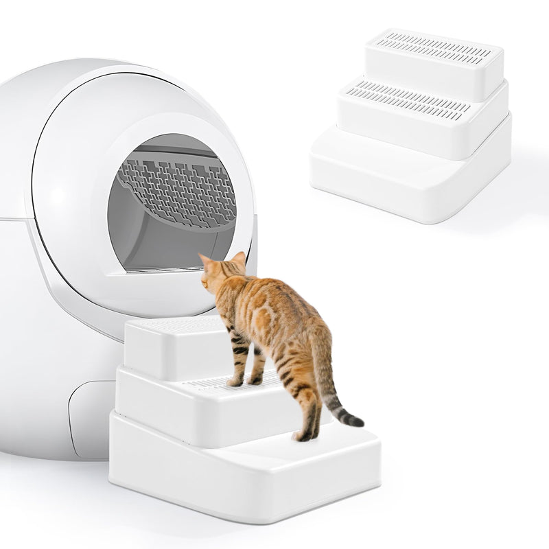 BALAPET Adjustable 3 Steps Litter Box Ramp with Filter Function, Detachable Litter Trapper, Non-Slip Cat Litter Stair for Small & Elderly Cats(White)