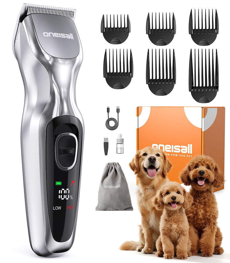 oneisall Dog Clippers for Grooming Thick Hair, Low Noise Cordless Dog Shavers, 2-Speed Pet Hair Trimmer Grooming Kit for Home Groomer