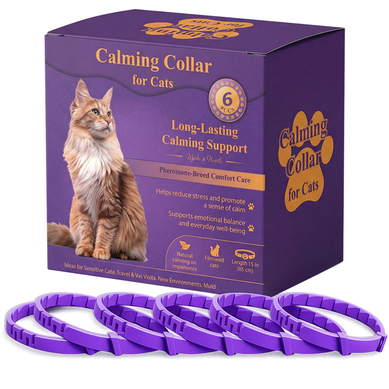 Calming Collars for Cats 6 Pack – Long-Lasting Pheromone Support for Anxiety & Stress – Secure Anti-Slip, Durable & Adjustable 15″ Design – Ideal for Multi-Cat Homes & Introducing New Pets